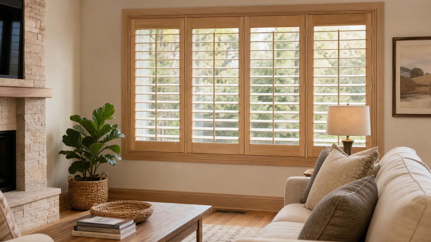 Basswood plantation shutters installed in a refined interior space