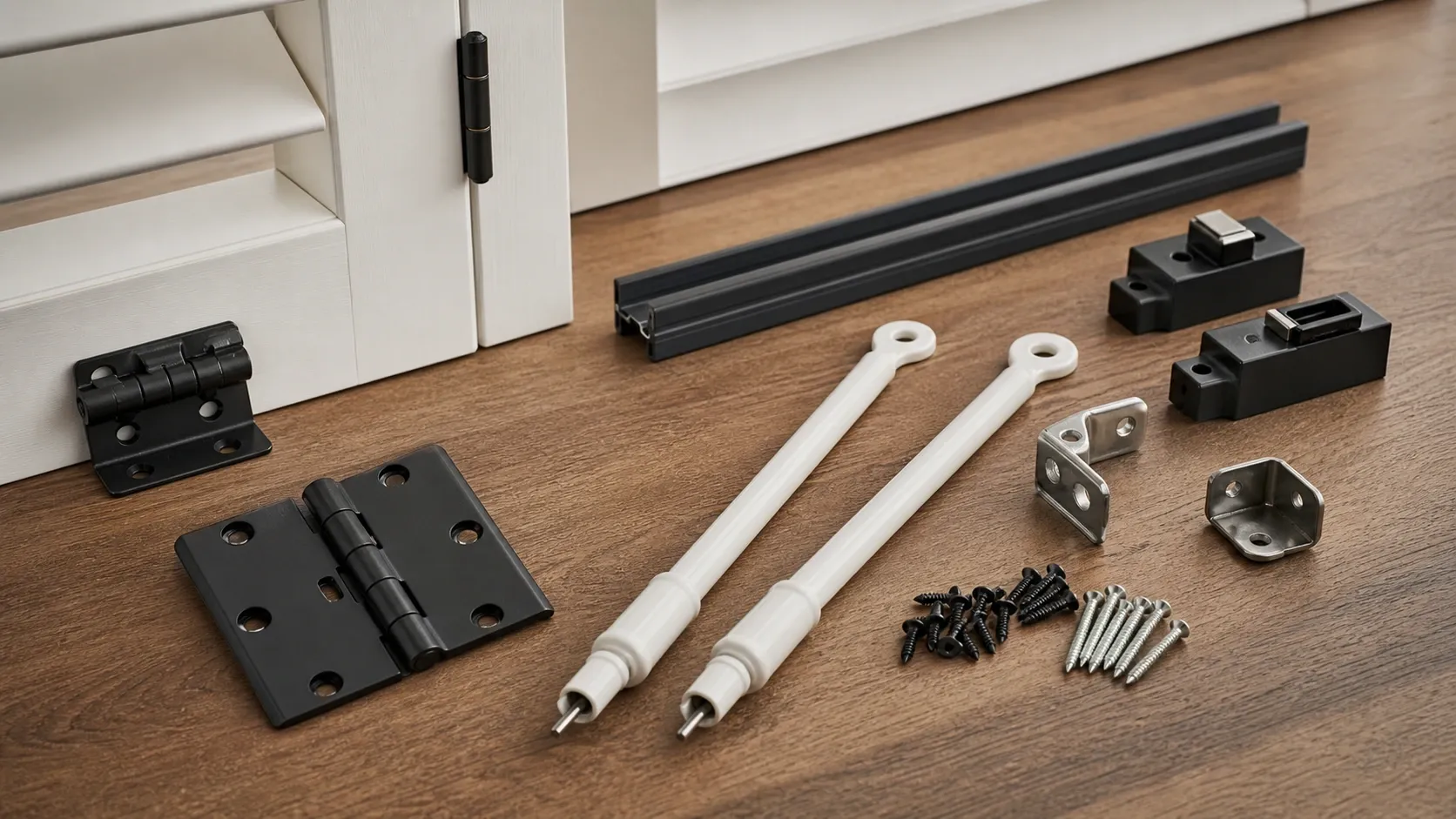 Shutter samples, frame profiles, finish boards and hardware options on a worktable