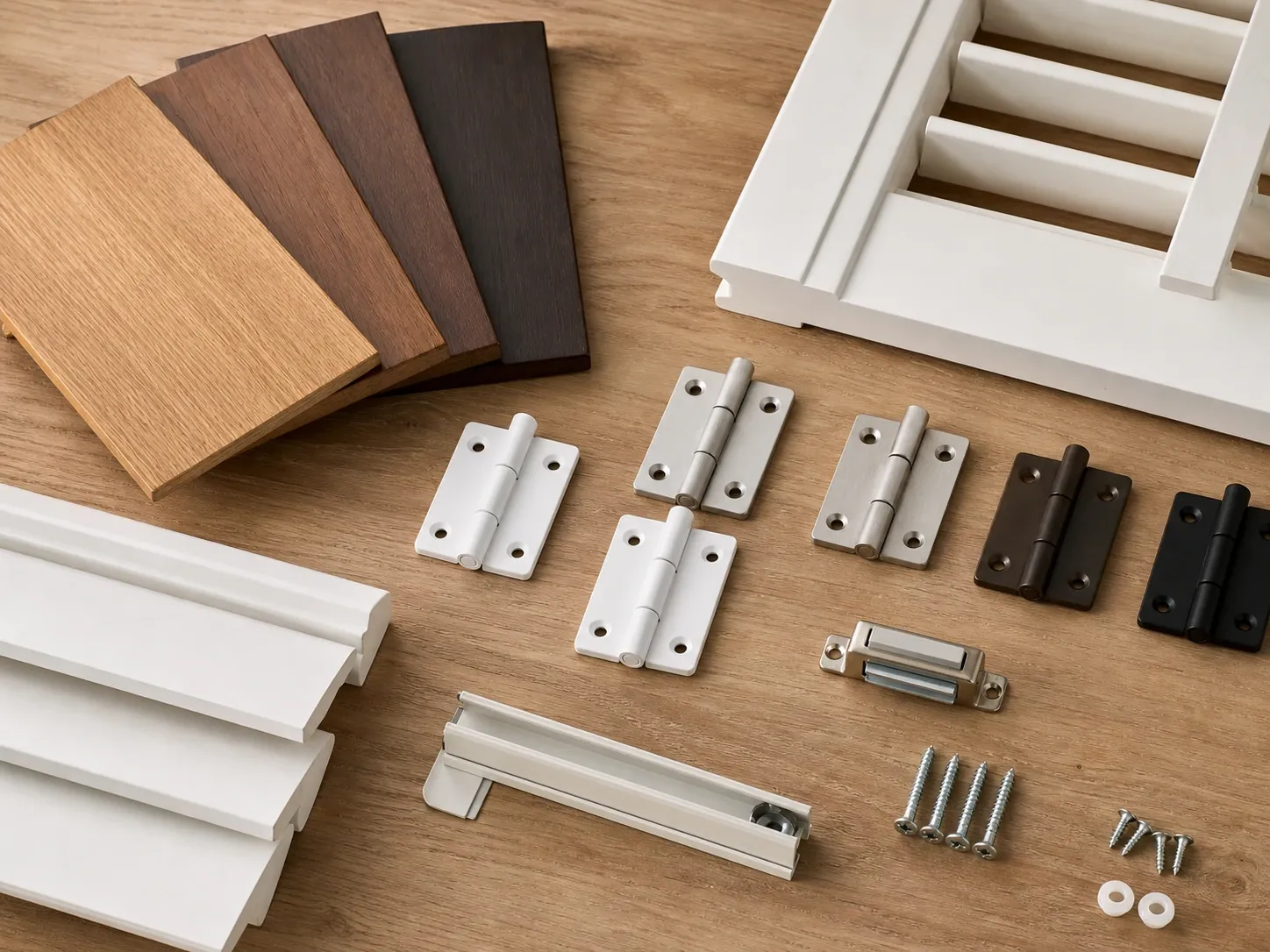 Close-up view of shutter finish samples, hardware and accessories