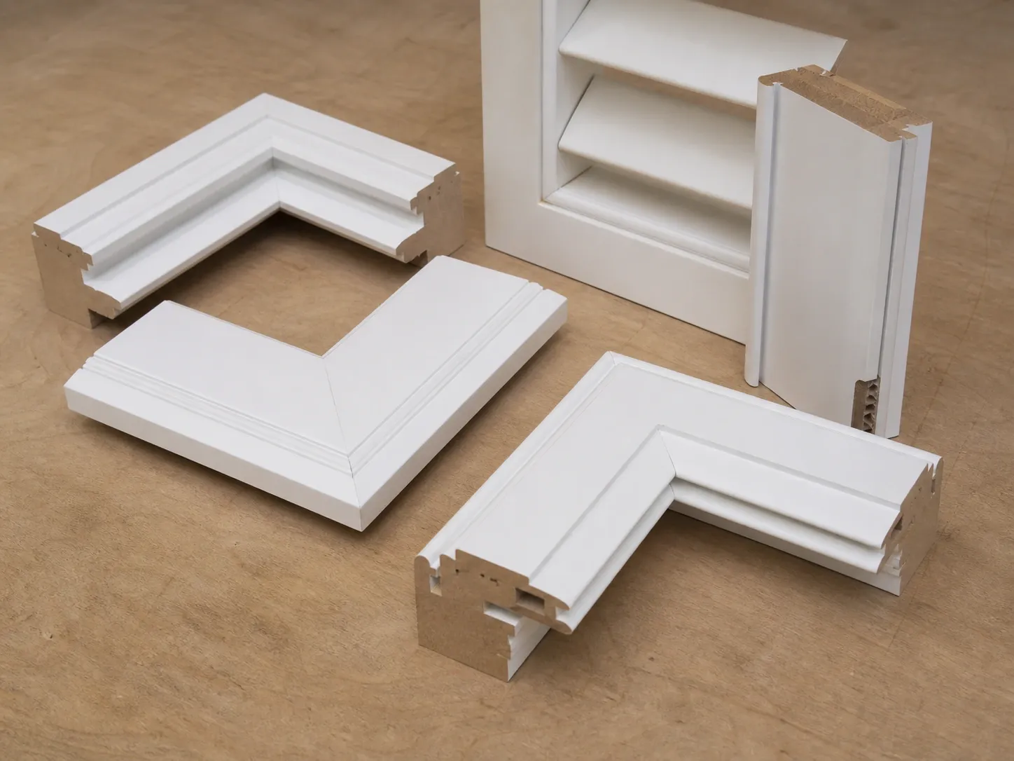 Close-up view of shutter frame profile samples and project drawings
