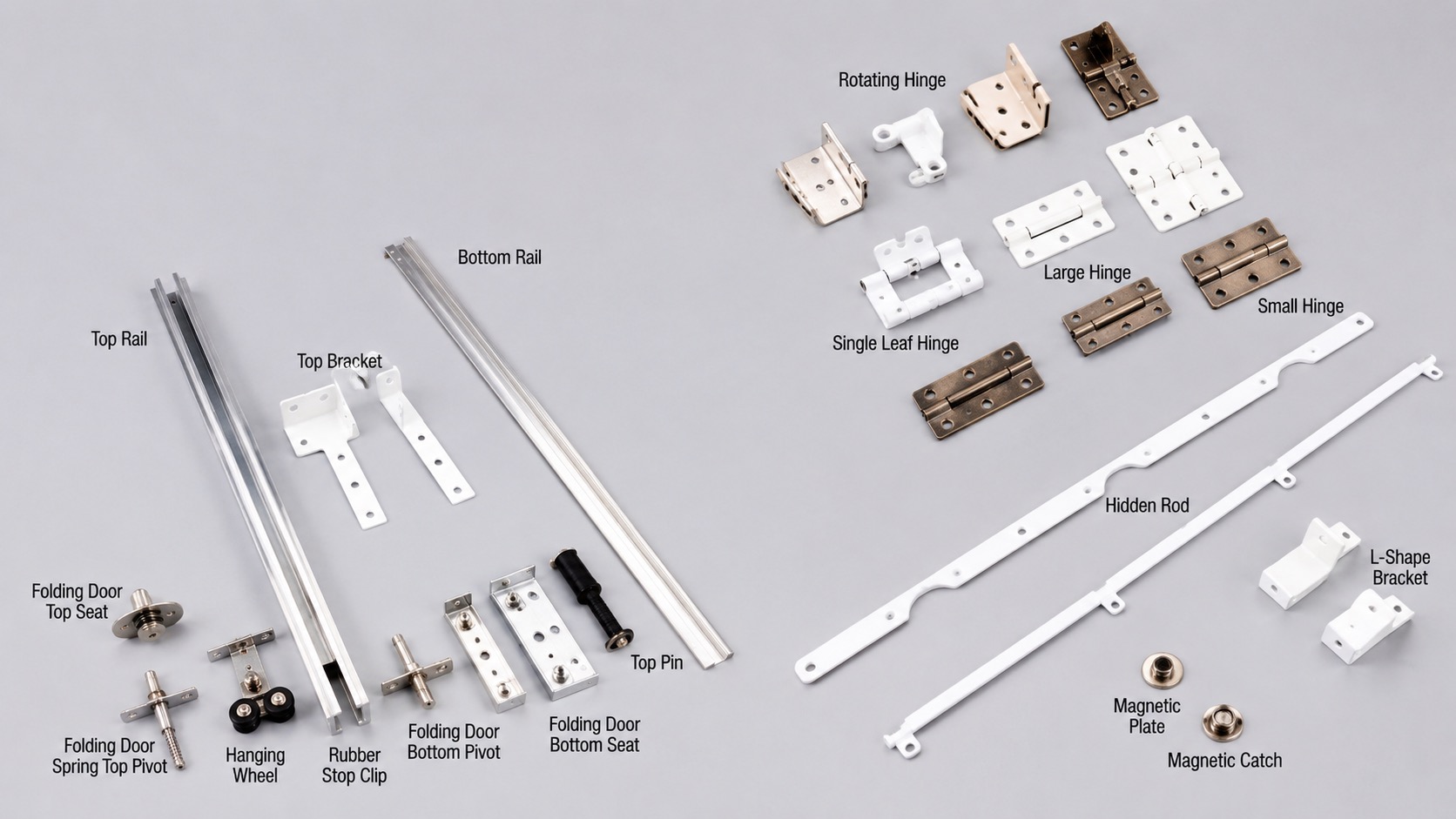 Shutter hardware options including hinges, rails, brackets, catches and rods