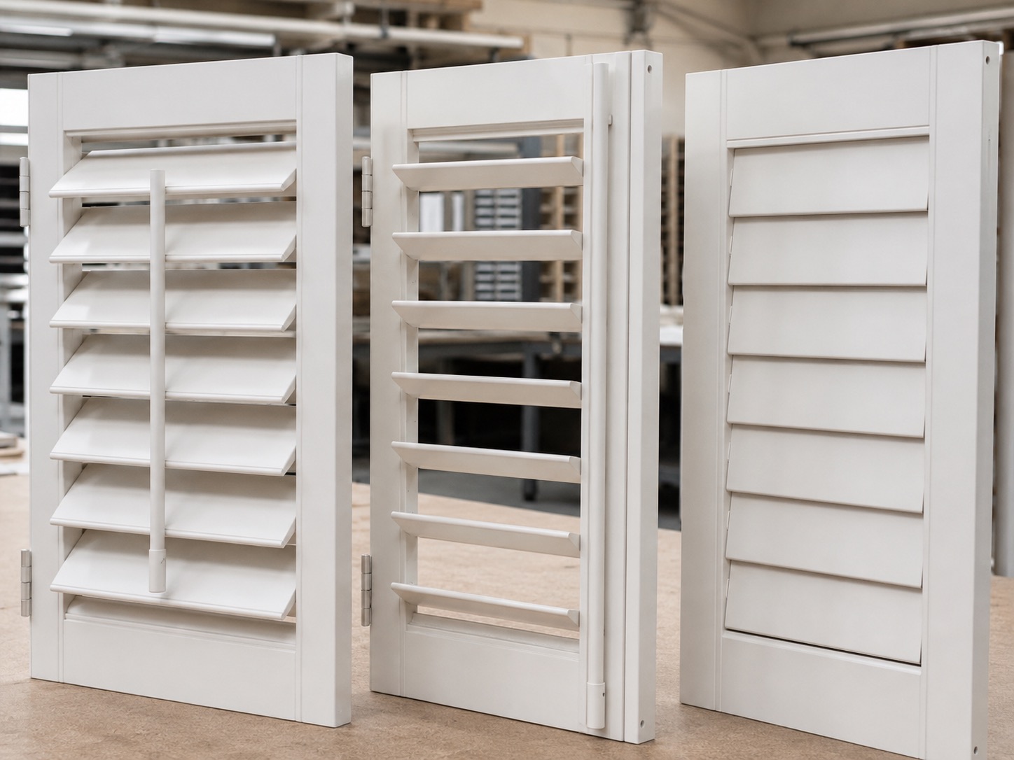 Shutter louver samples showing different blade sizes and styles