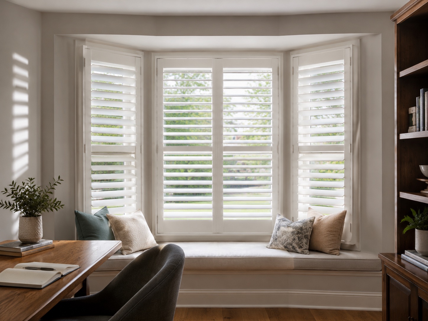Bay window shutters installed in a refined residential interior
