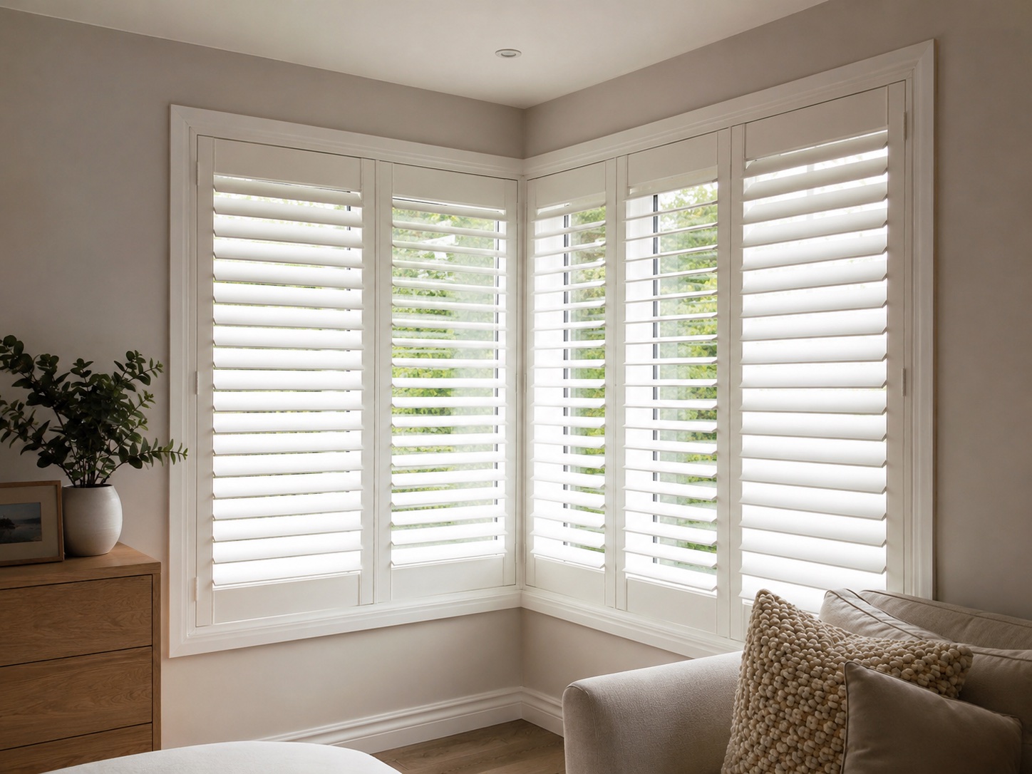Corner window shutters with white louver panels