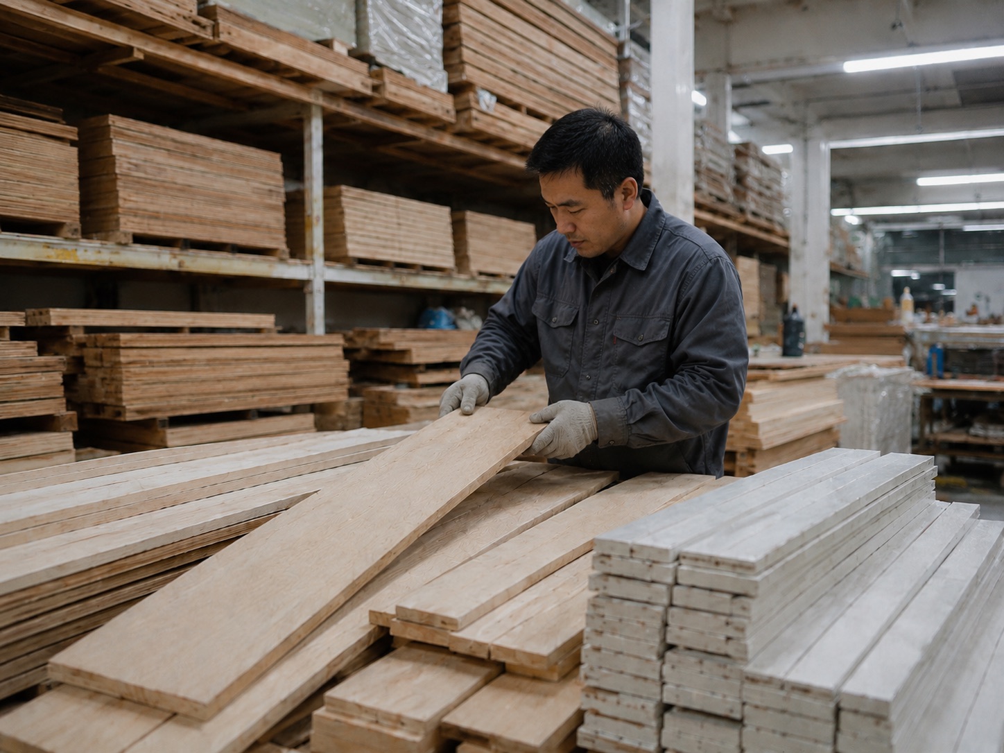 Worker reviewing selected wood materials before shutter production