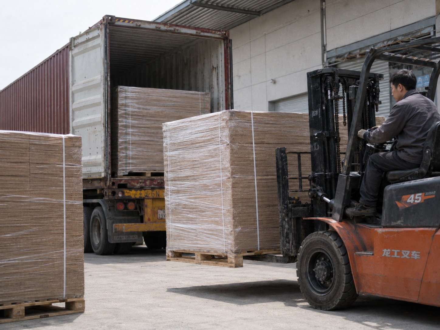Forklift loading packed shutter materials for shipment