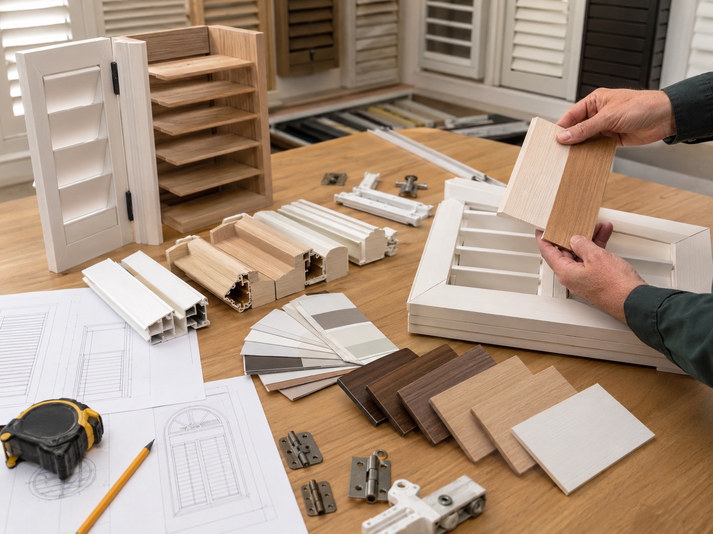 Custom shutter components, finish samples, drawings, and hardware reviewed for project requirements