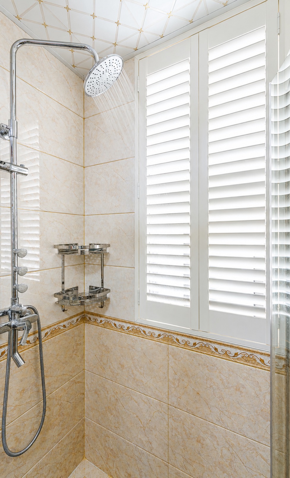 White PVC shutters installed in a bathroom with moisture-resistant application